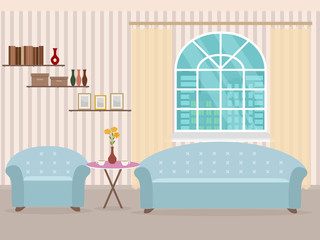 Interior design in flat style of living room with furniture, sofa, table, bookshelf, flower, armchair and window.