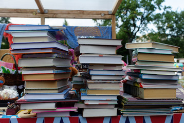 Piles of books on the store shelves