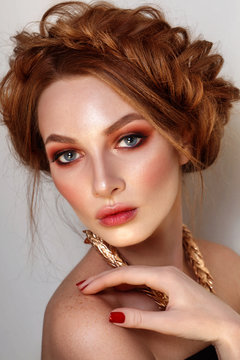 Beauty Fashion Model With Professional Make Up. Red Hair And Freckles