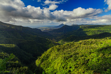 Beautiful view of the green mountains of the tropical island of Mauritius