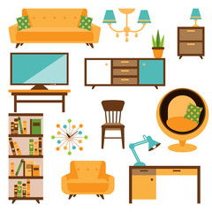 Home and office furniture interiors flat icons set. Home or office sofa, wardrobe, table, chair. Vector illustration isolated on white background