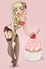 Pin up style cartoon character sexy woman wearing erotic underwear is stainding near big cupcake with cherry vector illustration - 172106716