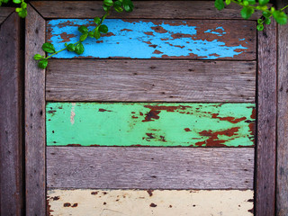 Old weathered damaged peeled off pastel blue, green, beige color painted rusty stained wooden board tile single bench, with small top plant tree creeper border background