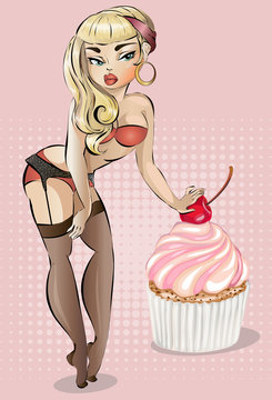Pin up style cartoon character sexy woman wearing erotic underwear is stainding near big cupcake with cherry vector illustration