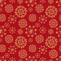 Christmas seamless pattern with golden snowflakes on red background. vector illustration.