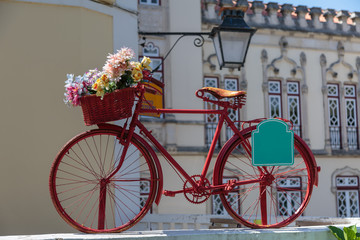 Fototapeta na wymiar Red Vintage Bicycle with Colorful Flowers in the Basket