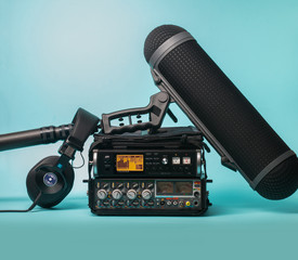 equipment for field audio recording on blue background - 172109524
