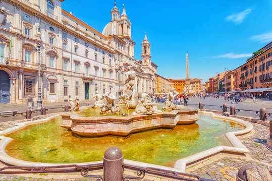 Piazza Navona  is a square in Rome, Italy. It is built on the site of the Stadium of Domitian, built in 1st century AD. Fountain of the Moor(Fontana del Moro).Italy.