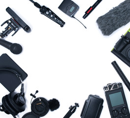 Compisition with field audio recorder, card case, windsheild and shotgun microphone and other stuff - 172109955