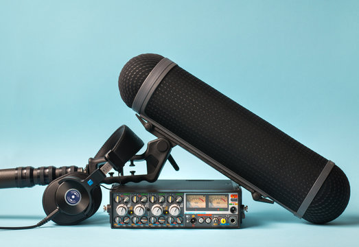 Equipment For Field Audio Recording On Blue Background