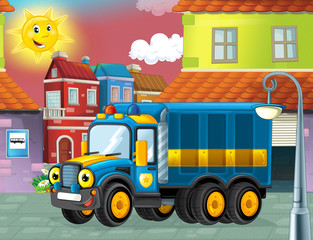 Obraz na płótnie Canvas happy and funny cartoon police truck looking and smiling driving through the city or parking near the garage - illustration for children