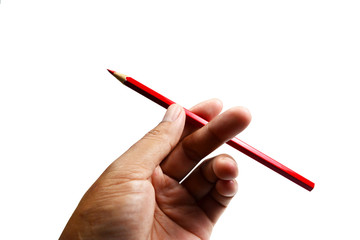 a hand holding  color pencil on white background isolated