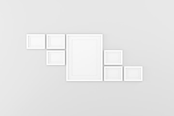 Blank picture frame templates hanging on the living room wall, 3D render