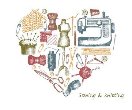 Sketches of tools and materials for sewing and knitting in the form of a heart