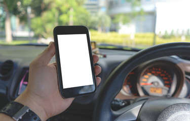 Close up man hand Using on smartphone in car