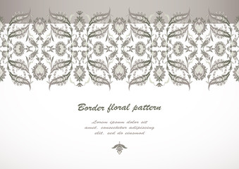 Arabesque vintage decor ornate pattern for design template vector. Eastern motif. Floral Border with place for text. Silver white grey flowers for save the date and greeting card, wedding invitation