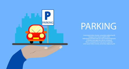 Hand holds a tablet with Parking service mobile app. Concepts for Searching nearest Parking. flat illustration. - 172114374