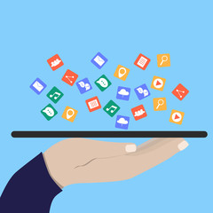 Modern Cloud Services and Cloud Computing Elements Concept. Flat Vector Illustration. Hand holds a tablet and share data on cloud. flat illustration.