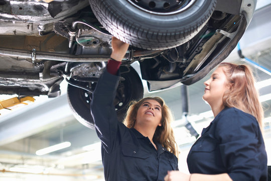 Students at car maintenance class