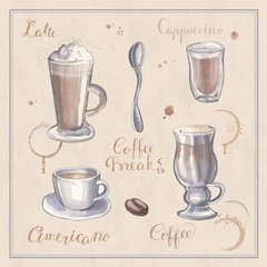 A set of hand painting sketches on the theme of coffee