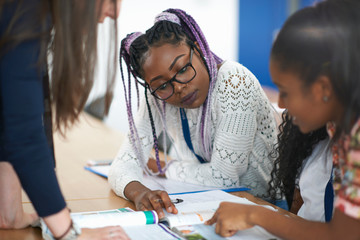 Teacher in classroom helping students study
