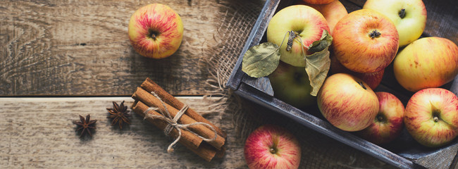 Ripe apples with cinnamon on wooden background. Banner