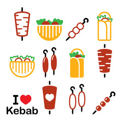 Doner kebab vector icons, kebab in wrap or pita bread, shish and adana kebab skewers design set
 