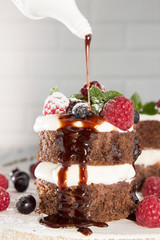 Chocolate cake decorated with raspberry, wipped cream, chocolate sauce and mint.
