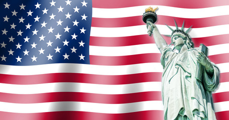 The Statue of Liberty, Landmarks of New York City with Flag of the United States background © spyarm