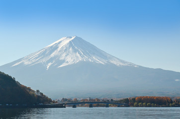 Fototapeta na wymiar Fuji Mountain with momiji or maple leaves in autumn with blue sky at Lake kawaguchiko in japan.