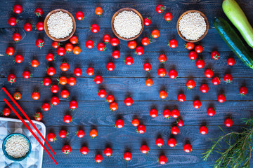 Obraz premium Cherry tomatoes, farm fresh produce, organic food, free space for text.