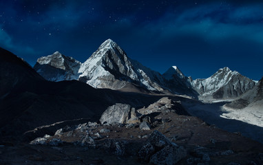 Starry night sky over the mountains,Pumori peak (7161 m), Himalayas,Nepal