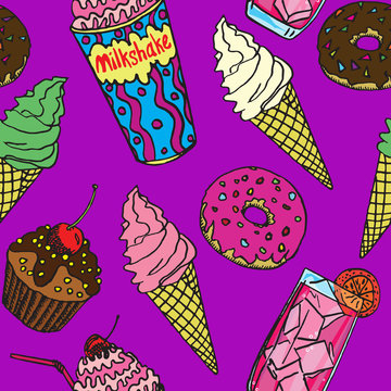 Milkshake, sweet drink, ice creams, donuts and chocolate cupcake, hand drawn doodle, sketch in pop art style, seamless pattern design on purple background