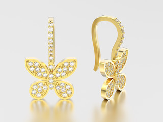 3D illustration two yellow gold decorative diamond butterfly earrings with reflection and shadow