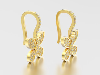 3D illustration two yellow gold decorative diamond butterfly earrings with reflection and shadow