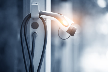 Power supply for electric car charging. Electric car charging station.Blurred Background