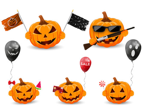 Set pumpkin on white background. The main symbol of the Happy Halloween holiday. Orange pumpkins with air balloon, gun, bank card, ice cream, candy and flag. Design for the holiday Halloween.