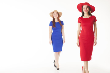 Two beautiful girls in evening dresses on a white background.