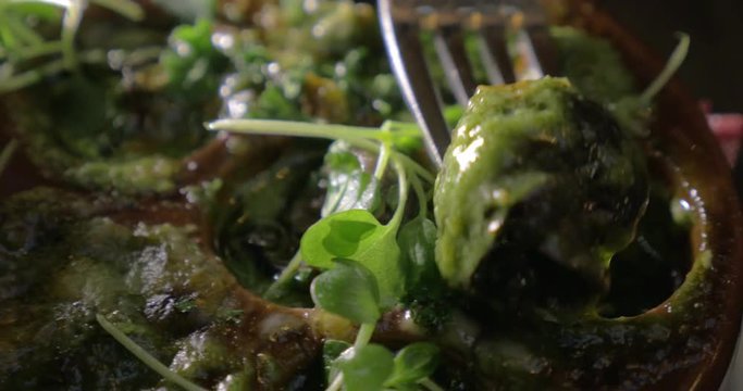 Close-up shot of taking a snail from the dish. Baked escargot in oil served in pottery with fresh greens
