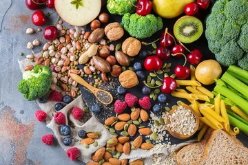Foto op Plexiglas Assortiment Selectie van gezonde rijke vezelbronnen veganistisch eten om te koken