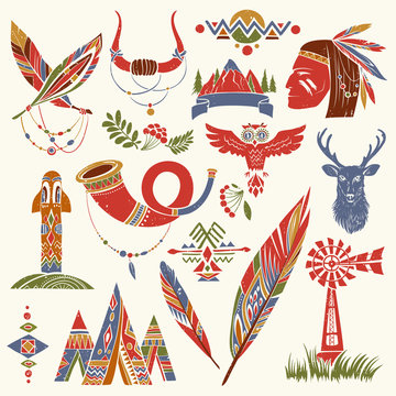 Hand-drawn Illustrations of Native American Culture, Hunting and Northern Decor