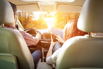 autumn trip and two lovers in car 