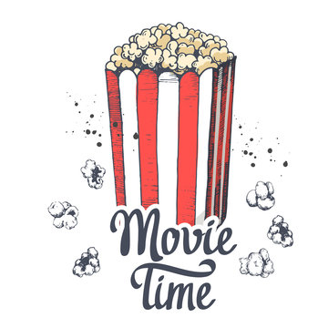 Vector illustration with sketch popcorn bucket. Cinema snack. Hand drawn fast food. Movie Time poster.