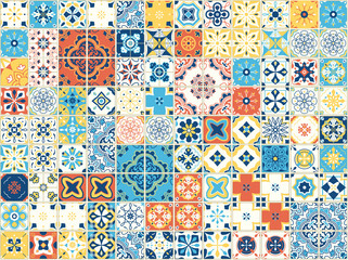 Seamless pattern with portuguese tiles. Vector illustration of Azulejo on white background. Mediterranean style. Multicolor design. - obrazy, fototapety, plakaty