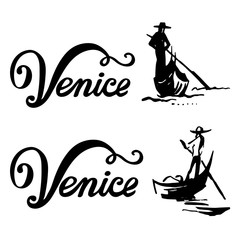 Venice gondola, gondolier rowing oar sign. Italy Travel. Italian man profession. Vector lettering sketch Illustration. Branding Identity Corporate logo design template Isolated on a white background - obrazy, fototapety, plakaty