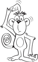 Black and white illustration of a confused monkey.