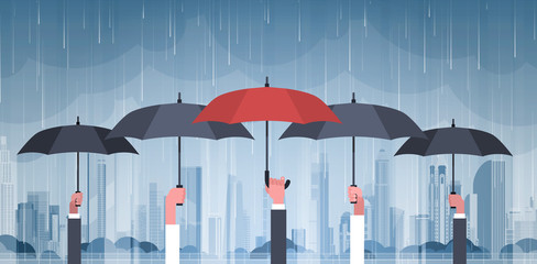 Group Of Hands Holding Umbrellas Over Storm In City Huge Rain Background Hurricane Tornado In Town Natural Disaster Concept Vector Illustration - obrazy, fototapety, plakaty