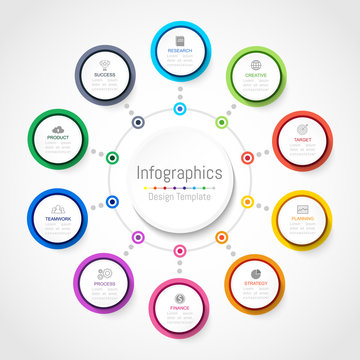 Infographic design elements for your business data with 10 options, parts, steps, timelines or processes, Circle round concept. Vector Illustration.