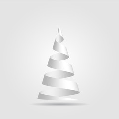Simple red paper ribbon folded in a shape of Christmas tree. Merry Christmas theme. 3D vector illustration on white gradient background.