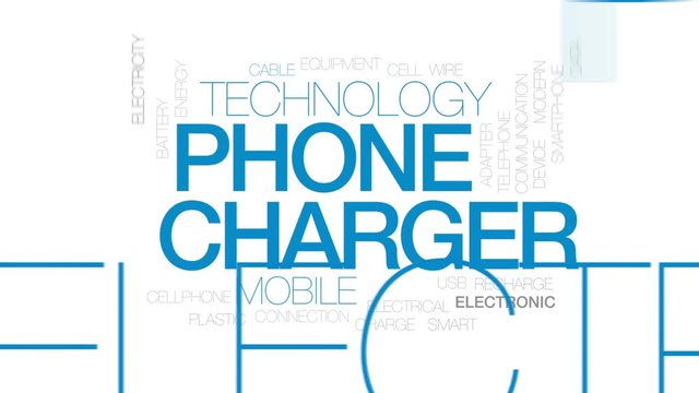 Phone charger animated word cloud, text design animation. Kinetic typography.
